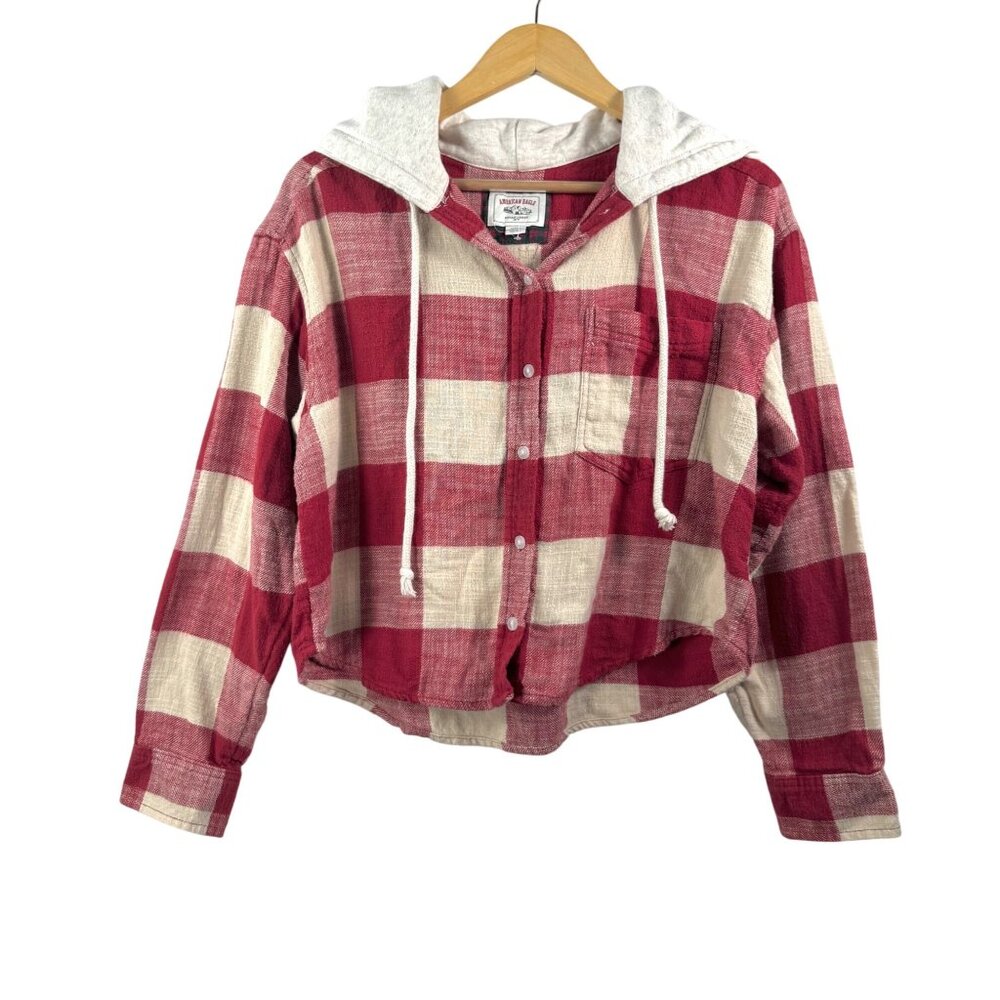 American Eagle hooded plaid crop‎ relaxed button top red preppy sz M